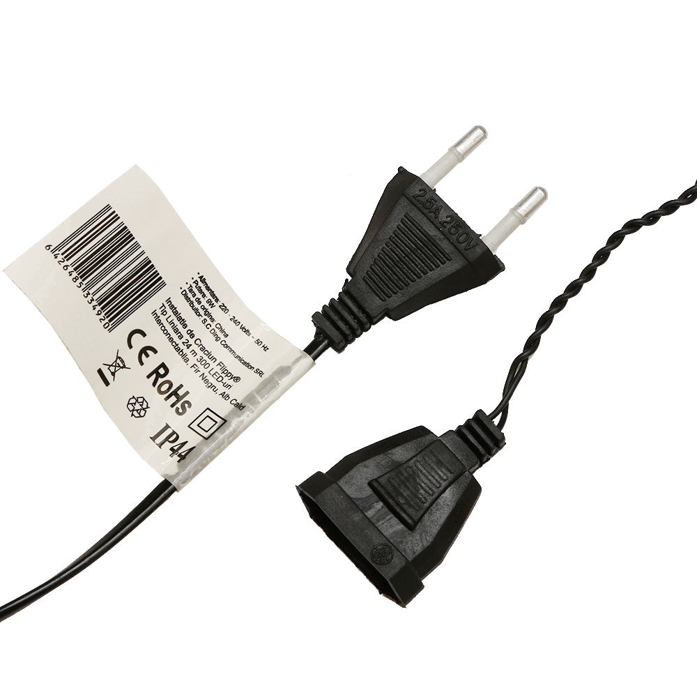 Instalatie de Craciun Flippy® Tip Liniara, Fir Negru, 24 m, 300 LED-uri, Interconectabila, Alb Cald - vivimall.ro
