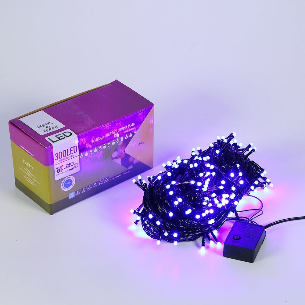 Instalatie De Craciun Tip Liniara, Fir Negru, 24 M, 300 Led-Uri Mici Rotunde, Interconectabila