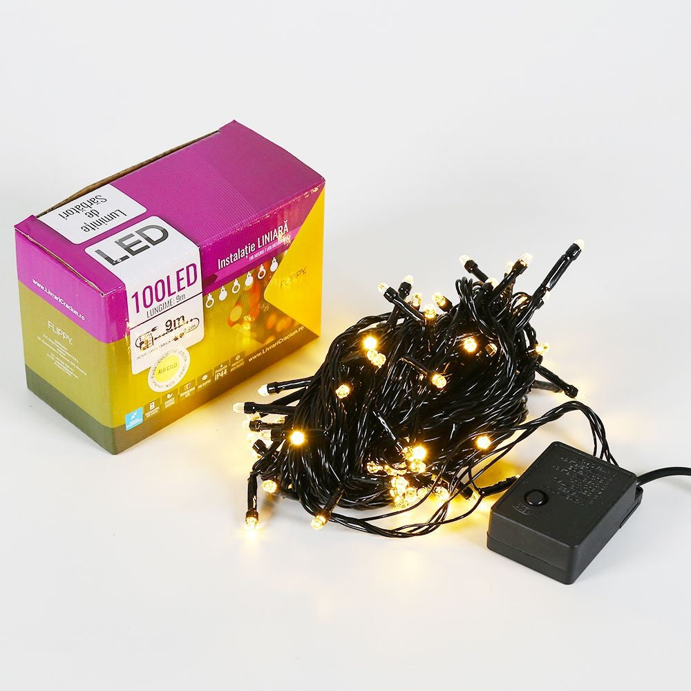 Instalatie De Craciun Tip Liniara, Fir, 9 M, 100 Led-Uri Hexagonale, Interconectabila, Alb Cald