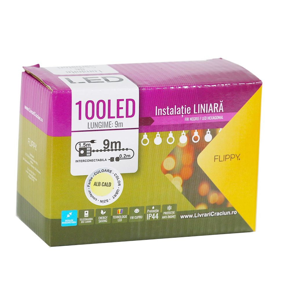 Instalatie De Craciun Tip Liniara, Fir, 9 M, 100 Led-Uri Hexagonale, Interconectabila, Alb Cald