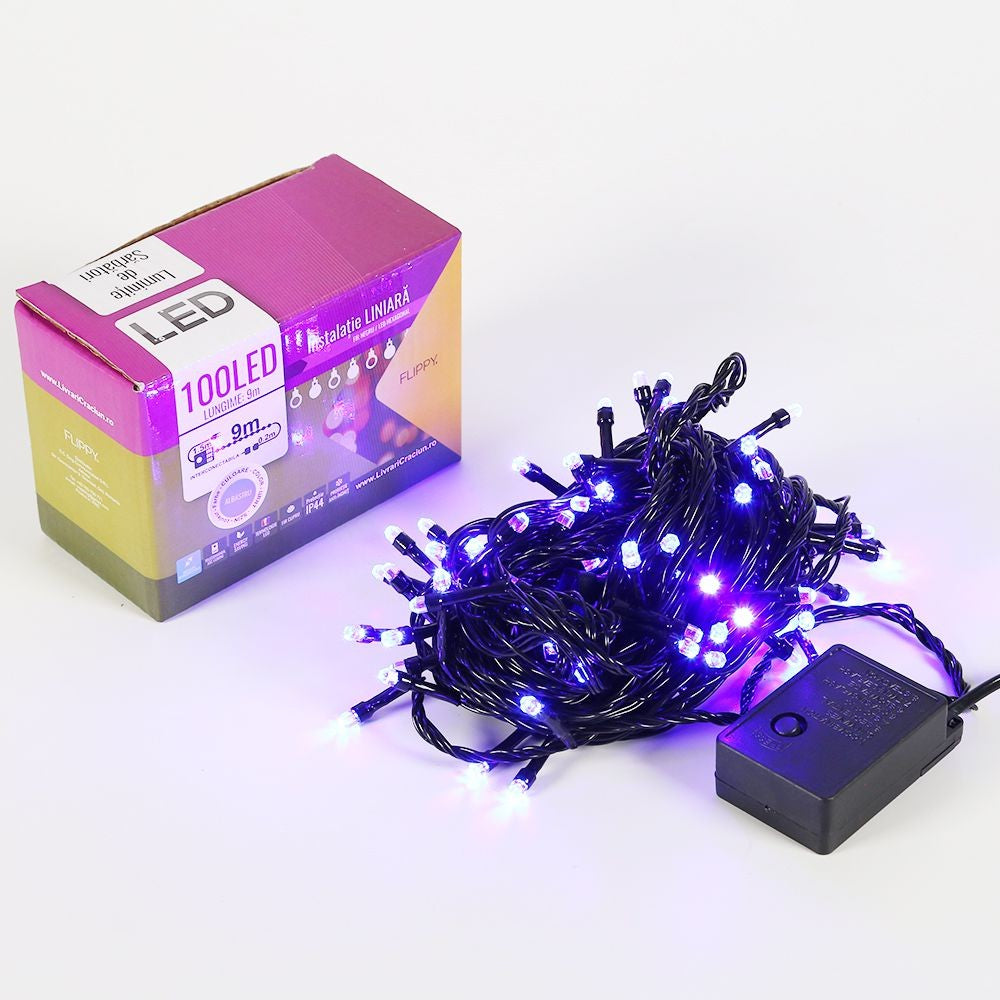 Instalatie de Craciun Flippy® Tip Liniara, Fir Negru, 9 m, 100 LED-uri Hexagonale, Interconectabila, Albastru - vivimall.ro