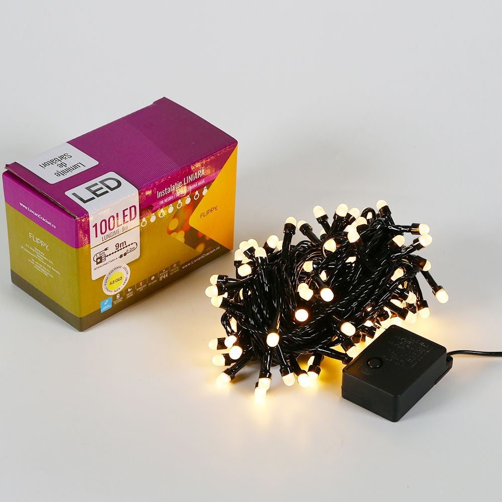 Instalatie de Craciun Flippy® Tip Liniara, Fir Negru, 9 m, 100 LED-uri Mari Rotunde, Interconectabila, Alb Cald - vivimall.ro