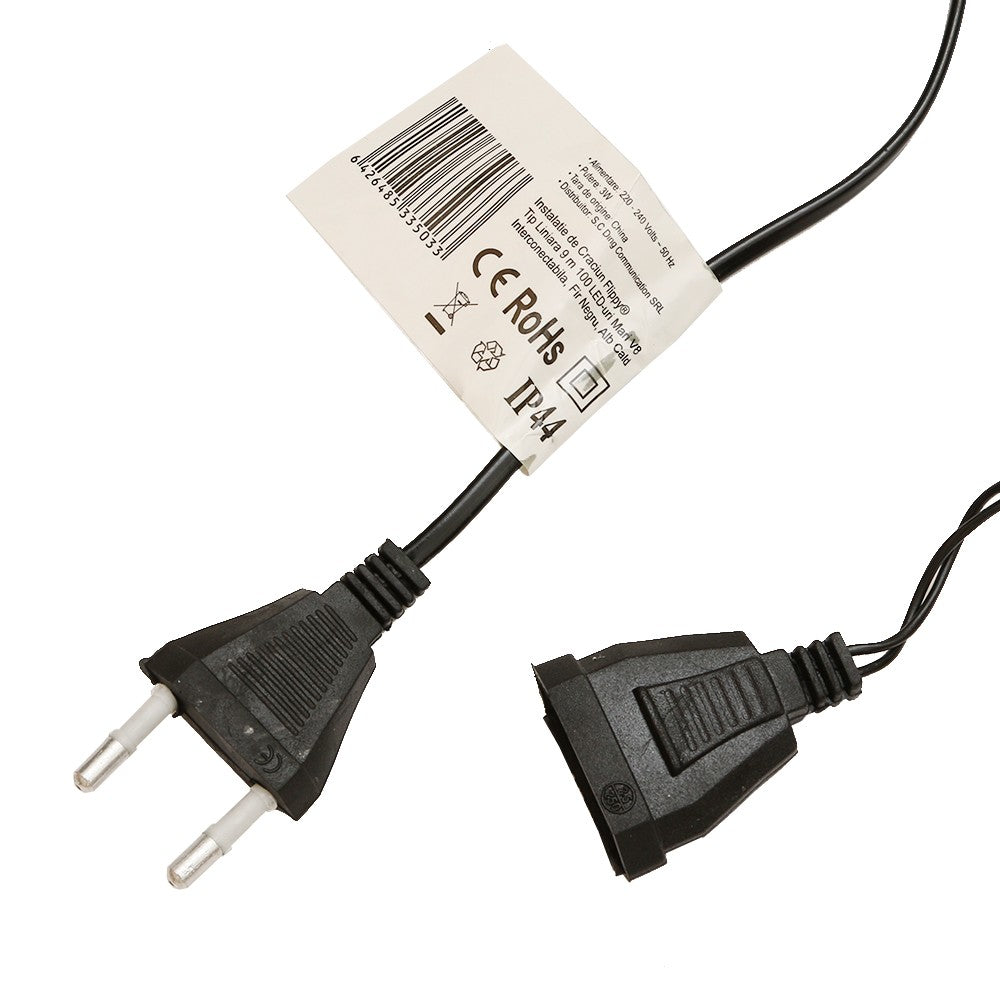 Instalatie de Craciun Flippy® Tip Liniara, Fir Negru, 9 m, 100 LED-uri Mari Rotunde, Interconectabila, Alb Cald - vivimall.ro