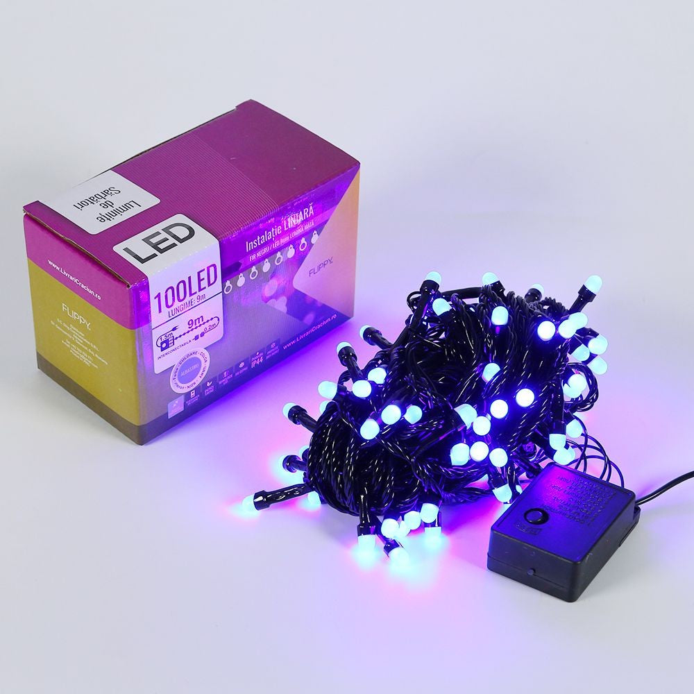 Instalatie De Craciun Tip Liniara, Fir Negru, 9 M, 100 Led-Uri Mari Rotunde, Interconectabila