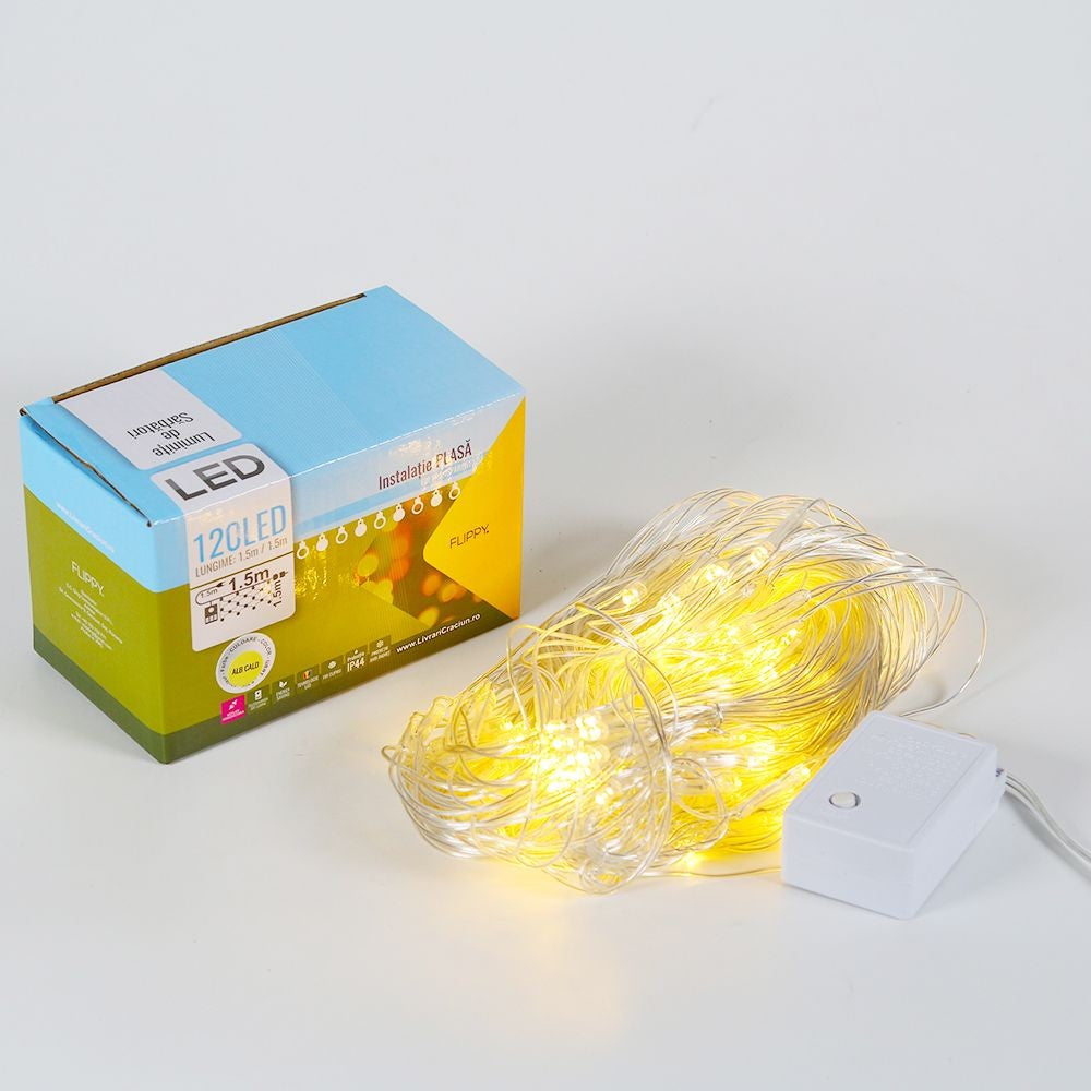 Instalatie de Craciun, Flippy®, Tip Plasa, 1.5 x 1.5 m, 120 LED-uri, Interconectabila, Alb Cald - vivimall.ro