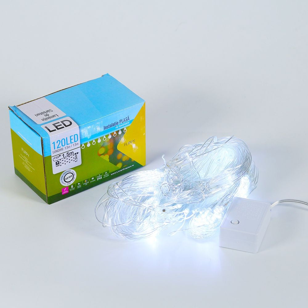 Instalatie de Craciun, Flippy®, Tip Plasa, 1.5 x 1.5 m, 120 LED-uri, Interconectabila, Alb Rece - vivimall.ro