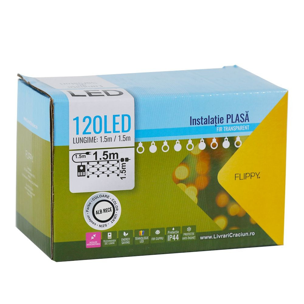 Instalatie de Craciun, Flippy®, Tip Plasa, 1.5 x 1.5 m, 120 LED-uri, Interconectabila, Alb Rece - vivimall.ro