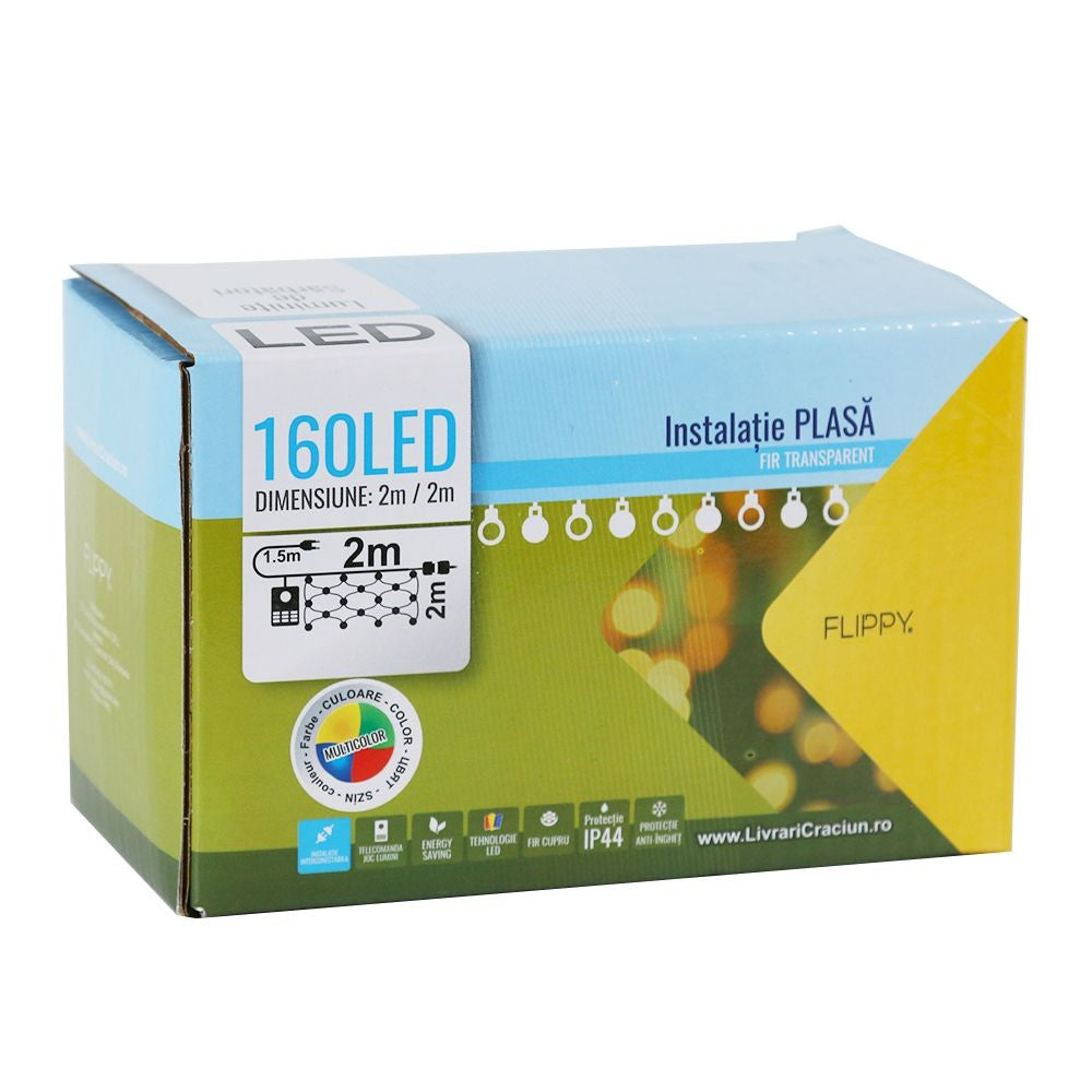 Instalatie de Craciun, Flippy®, Tip Plasa, 2 x 2 m, 160 LED-uri, Interconectabila, Multicolor - vivimall.ro