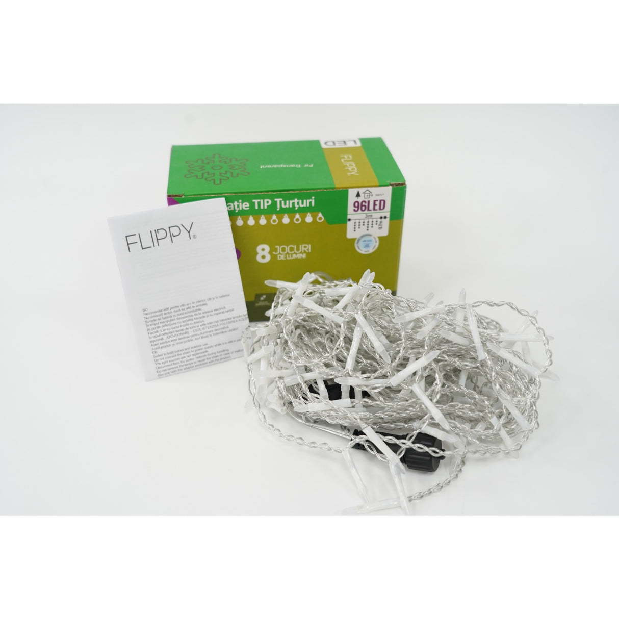 Instalatie de Craciun Flippy® Tip Turturi, 8 jocuri de lumini Sectiune 3 m, 96 LED-uri, Interconectabila, Fir Transparent, Alb Rece - vivimall.ro