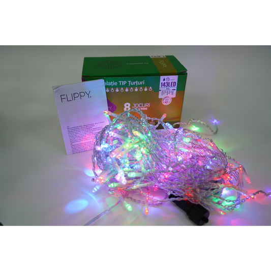 Sectiune Instalatie de Craciun Flippy® Tip Turturi, Flash 5 m, 143 LED-uri, Interconectabila, Fir Transparent, RB-RG, Atentie! nu contine alimentator - vivimall.ro