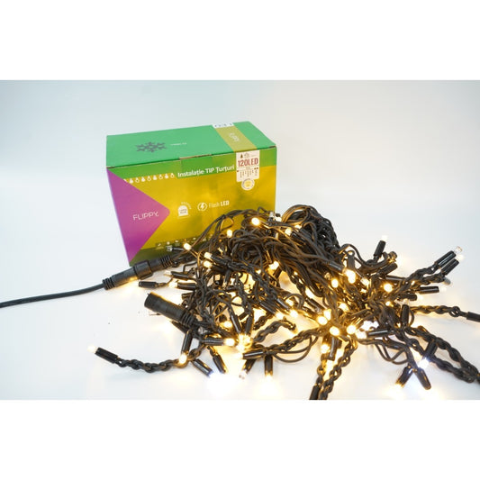 Sectiune Instalatie de Craciun Flippy® Tip Turturi, Franjuri cu Flash, IP65, Sectiune 5 m, 120 LED-uri, Interconectabila, Fir Negru, Alb Cald, Atentie! fara Alimentator - vivimall.ro