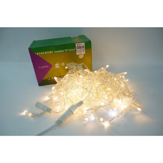 Instalatie de Craciun Flippy® Tip Turturi, Franjuri cu Flash, IP65, Sectiune 5 m, 120 LED-uri, Interconectabila, Fir Transparent, Alb Cald, Interior/Exterior - vivimall.ro