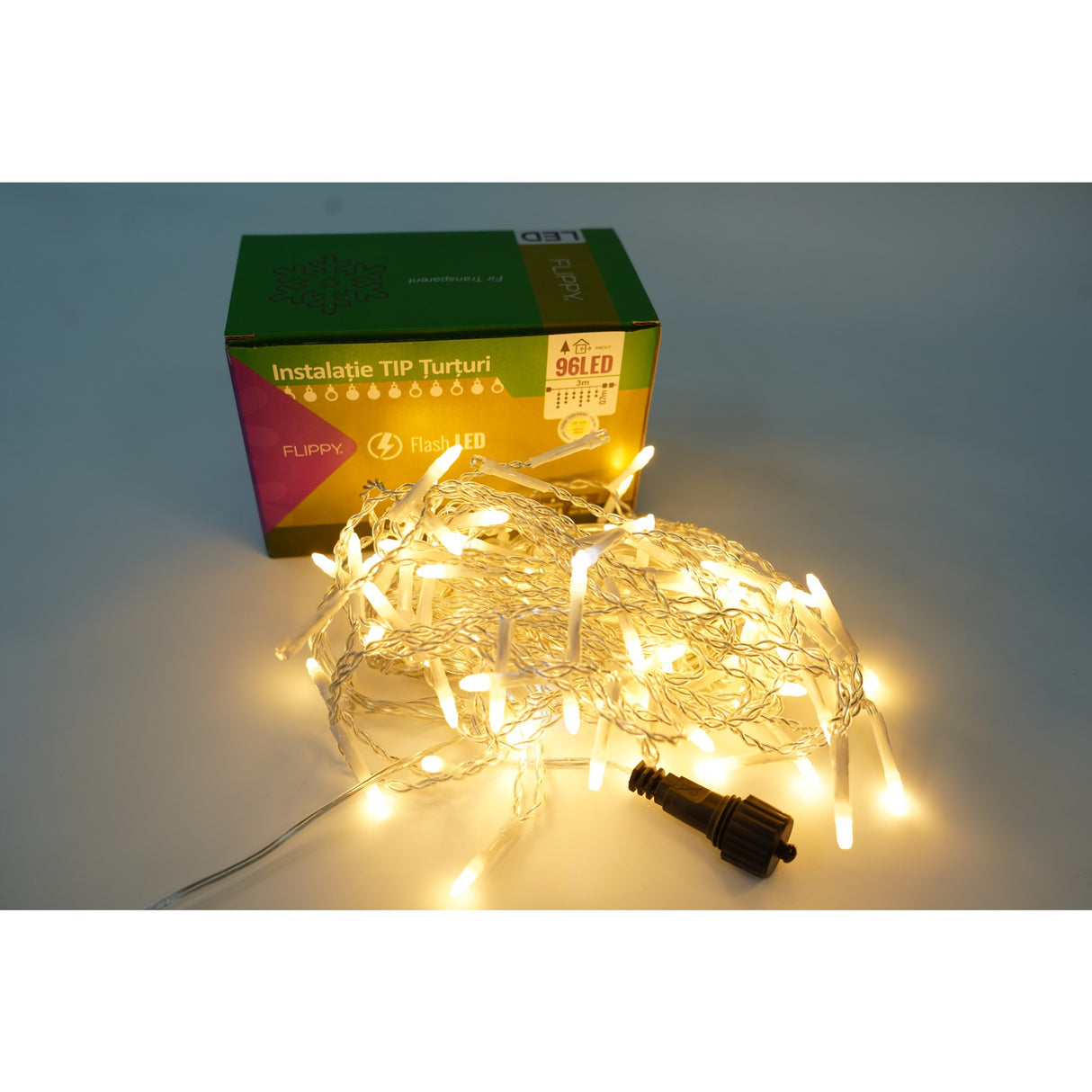 Instalatie De Craciun Tip Turturi, Franjuri Cu Flash, Sectiune 3 M, 96 Led-Uri, Interconectabila, Fir, Alb Cald