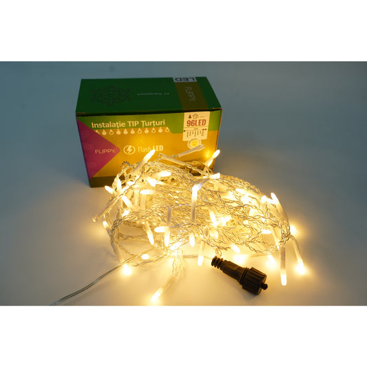 Instalatie de Craciun Vivimall® Tip Turturi, Franjuri cu Flash, Sectiune 3 m, 96 LED-uri, Interconectabila, Fir Transparent, Alb Cald - vivimall.ro