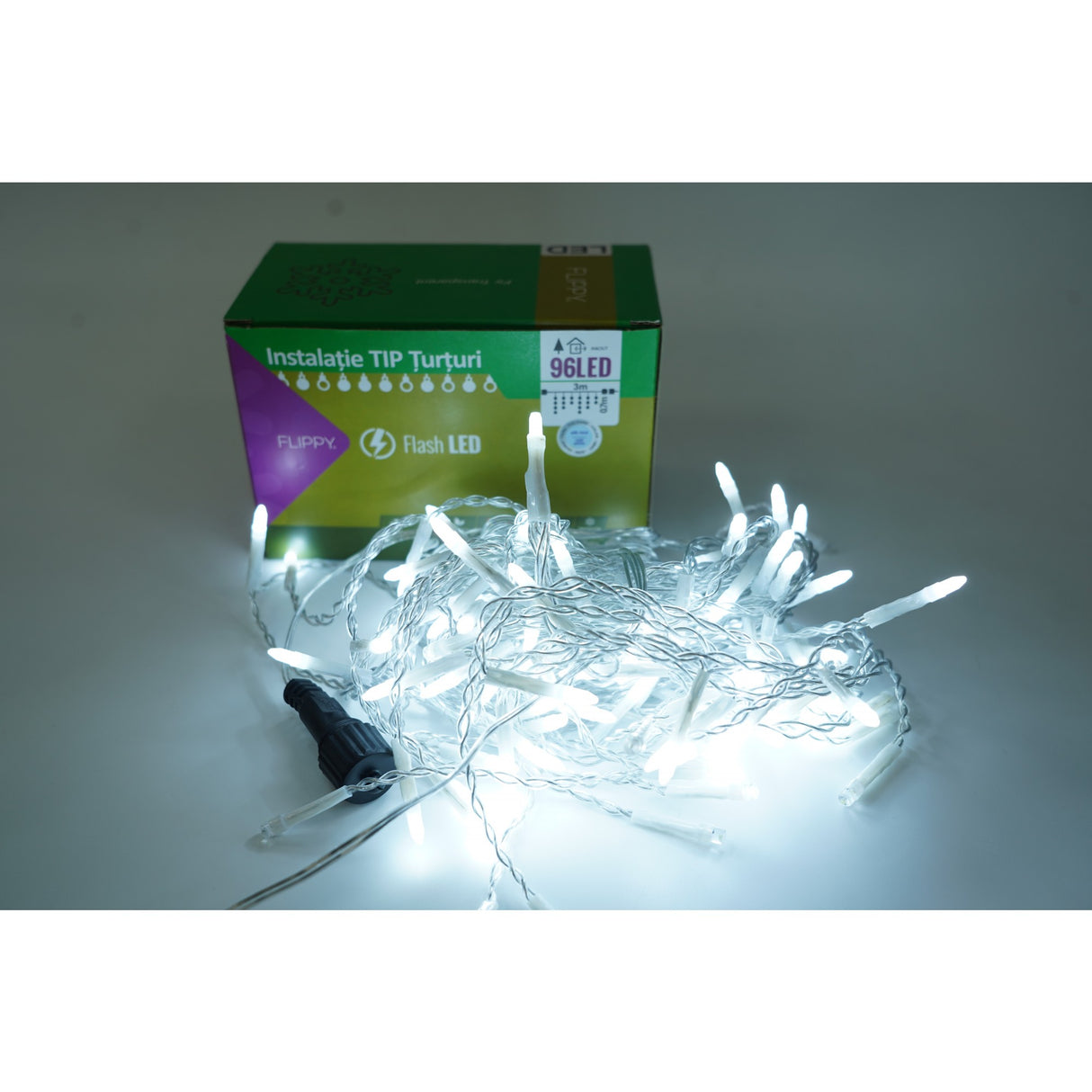 Instalatie De Craciun Tip Turturi, Franjuri Cu Flash, Sectiune 3 M, 96 Led-Uri, Interconectabila, Fir, Alb Rece
