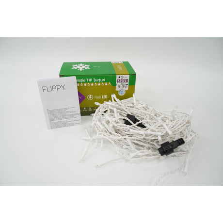 Instalatie de Craciun Flippy® Tip Turturi, Franjuri cu Flash, Sectiune 4 m, 132 LED-uri, Interconectabila, Fir Alb, Alb Rece - vivimall.ro