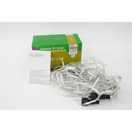 Instalatie de Craciun Flippy® Tip Turturi, Franjuri cu Flash, Sectiune 4 m, 132 LED-uri, Interconectabila, Fir Transparent, Alb Rece - vivimall.ro