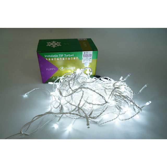 Instalatie de Craciun Flippy® Tip Turturi, Franjuri cu Flash, Sectiune 4 m, 132 LED-uri, Interconectabila, Fir Alb, Alb Rece - vivimall.ro