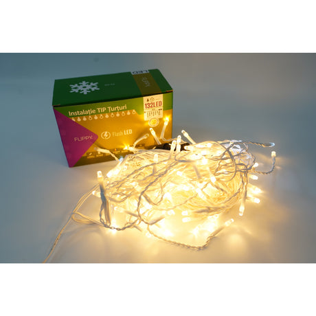 Instalatie de Craciun Flippy® Tip Turturi, Franjuri cu Flash, Sectiune 4 m, 132 LED-uri, Interconectabila, Fir Alb, Alb Cald - vivimall.ro