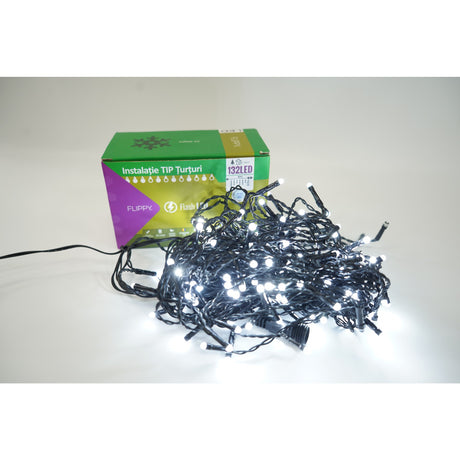 Instalatie de Craciun Vivimall® Tip Turturi, Franjuri cu Flash, Sectiune 4 m, 132 LED-uri, Interconectabila, Fir Negru, Alb Rece - vivimall.ro