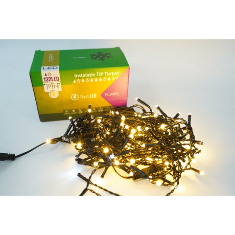 Instalatie De Craciun Tip Turturi, Franjuri Cu Flash, Sectiune 4 M, 132 Led-Uri, Interconectabila, Fir, Alb Cald