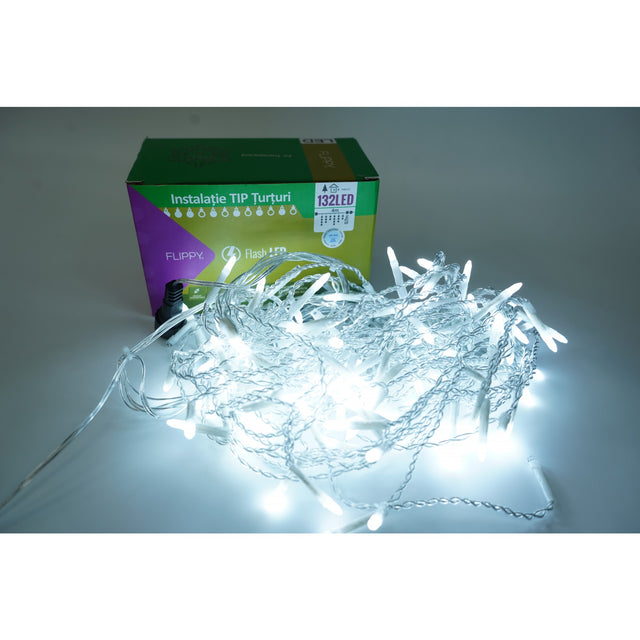 Instalatie de Craciun Flippy® Tip Turturi, Franjuri cu Flash, Sectiune 4 m, 132 LED-uri, Interconectabila, Fir Transparent, Alb Rece - vivimall.ro