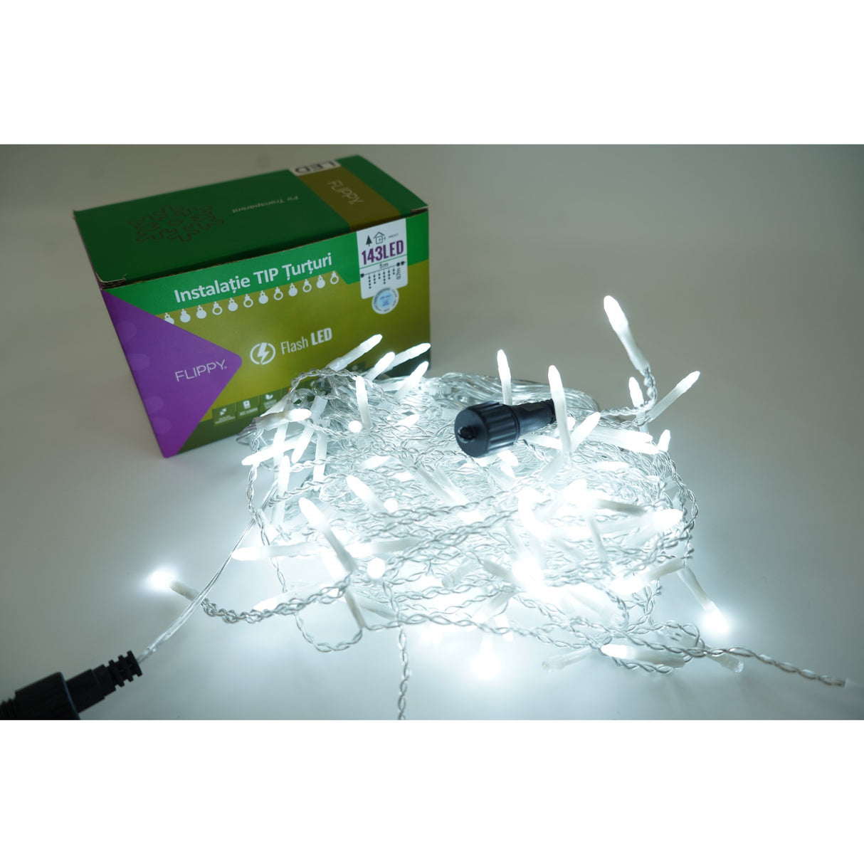 Instalatie de Craciun Vivimall® Tip Turturi, Franjuri cu Flash, Sectiune 5 m, 143 LED-uri, Interconectabila, Fir Transparent, Alb Rece - vivimall.ro