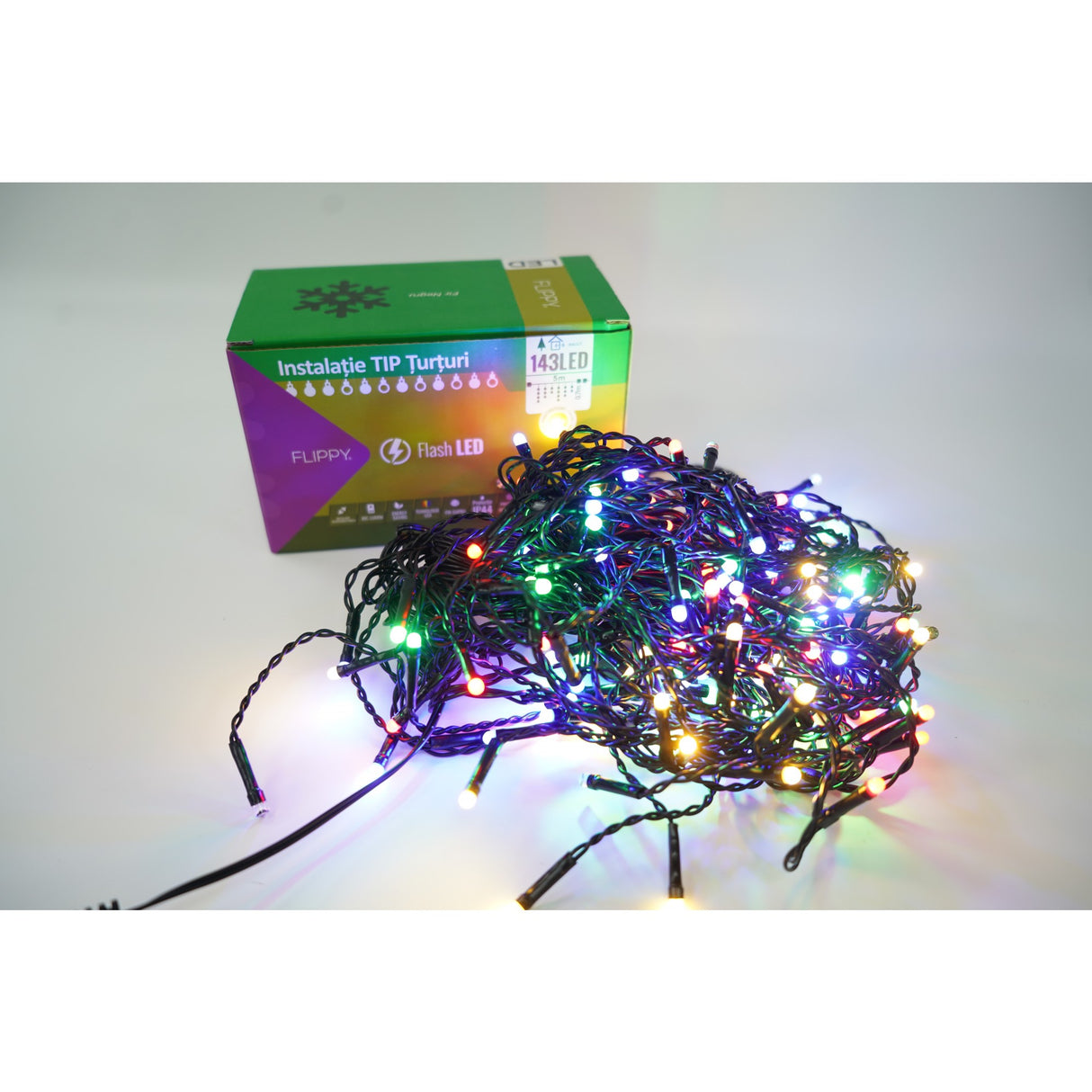 Instalație Crăciun tip țurțuri Flippy® cu 143 LED-uri multicolor și efect flash, secțiune 5 m, fir negru, vedere frontală