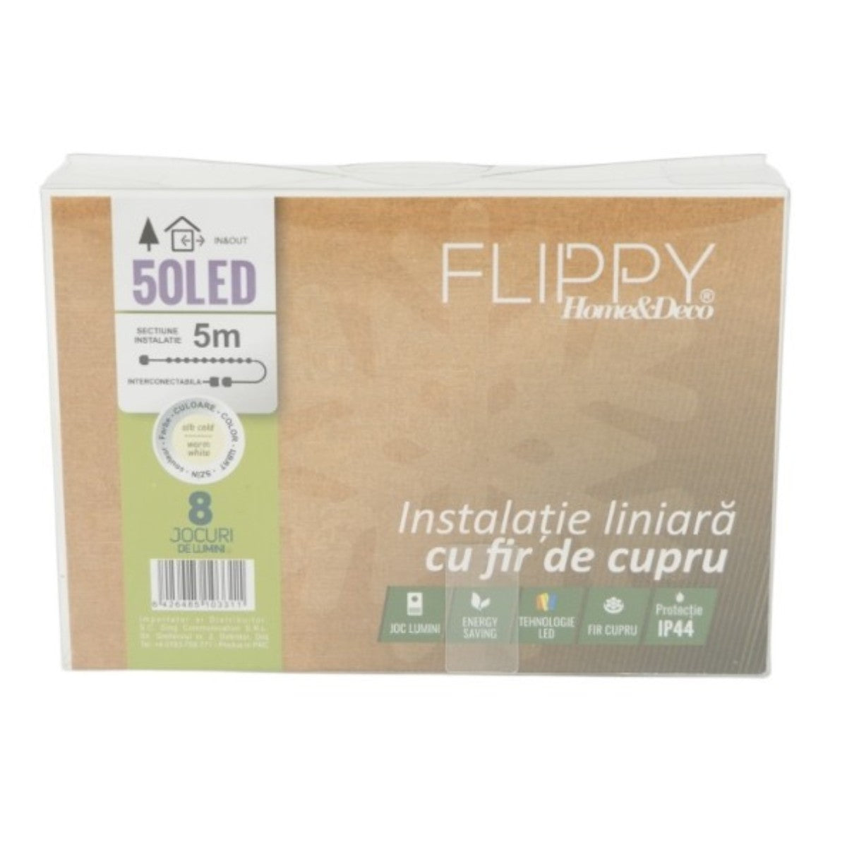 Instalatie de Craciun Liniara, Vivimall®, Tip Liniara, Fir Cupru, 8 Jocuri de Lumini, cu Telecomanda, 5 m, 50 Led-uri, Alimentare USB, 4.5V, Alb Cald