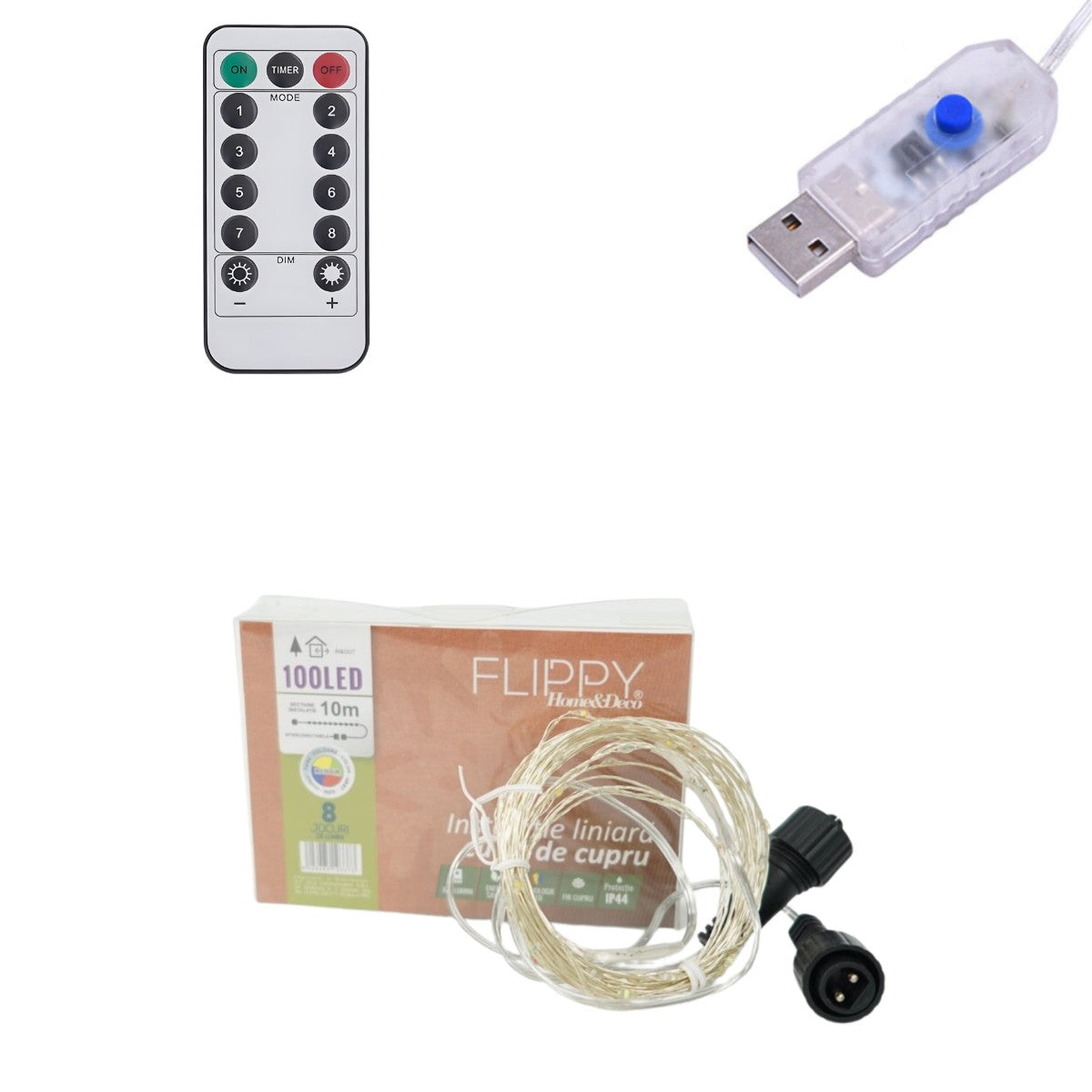 Instalatie de Craciun Liniara, Vivimall®, Tip Liniara, Fir Cupru, 8 Jocuri de Lumini, cu Telecomanda, 10 m, 100 Led-uri, Alimentare USB, 4.5V, Multicolor