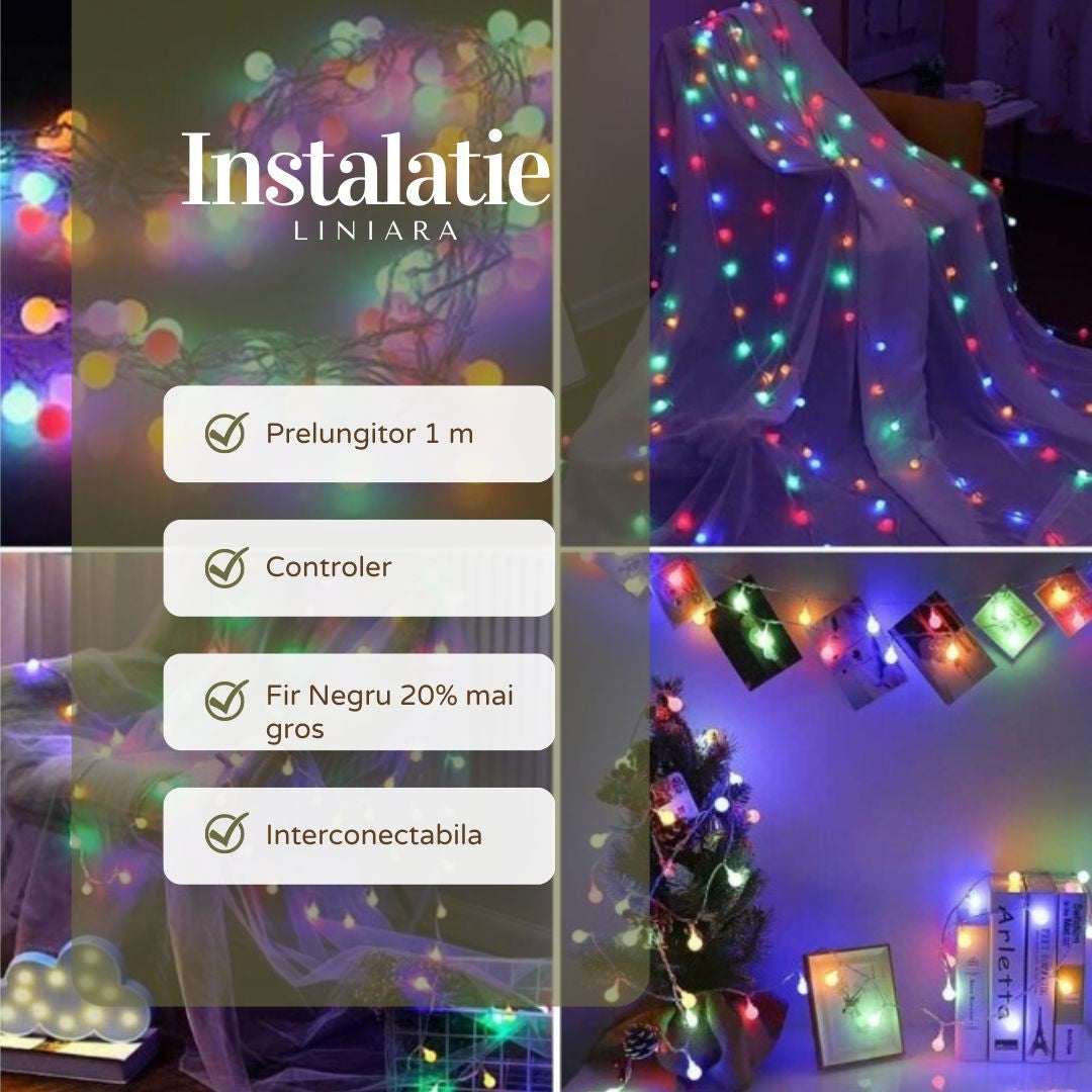 Instalatie De Craciun Liniara Rgrb Yoto, 10 M, Din Care 1 M Prelungitor 220V, 40 Led, Bilute Mate, Interconectabila, Utilizare Interior/Exterior, Fir Negru - vivimall.ro