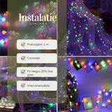 Instalatie de Craciun Liniara RGRB Yoto, 10 m, din care 1 m Prelungitor 220V, 40 LED, Bilute Mate, Interconectabila, Utilizare Interior/Exterior, Fir Negru, multicolor