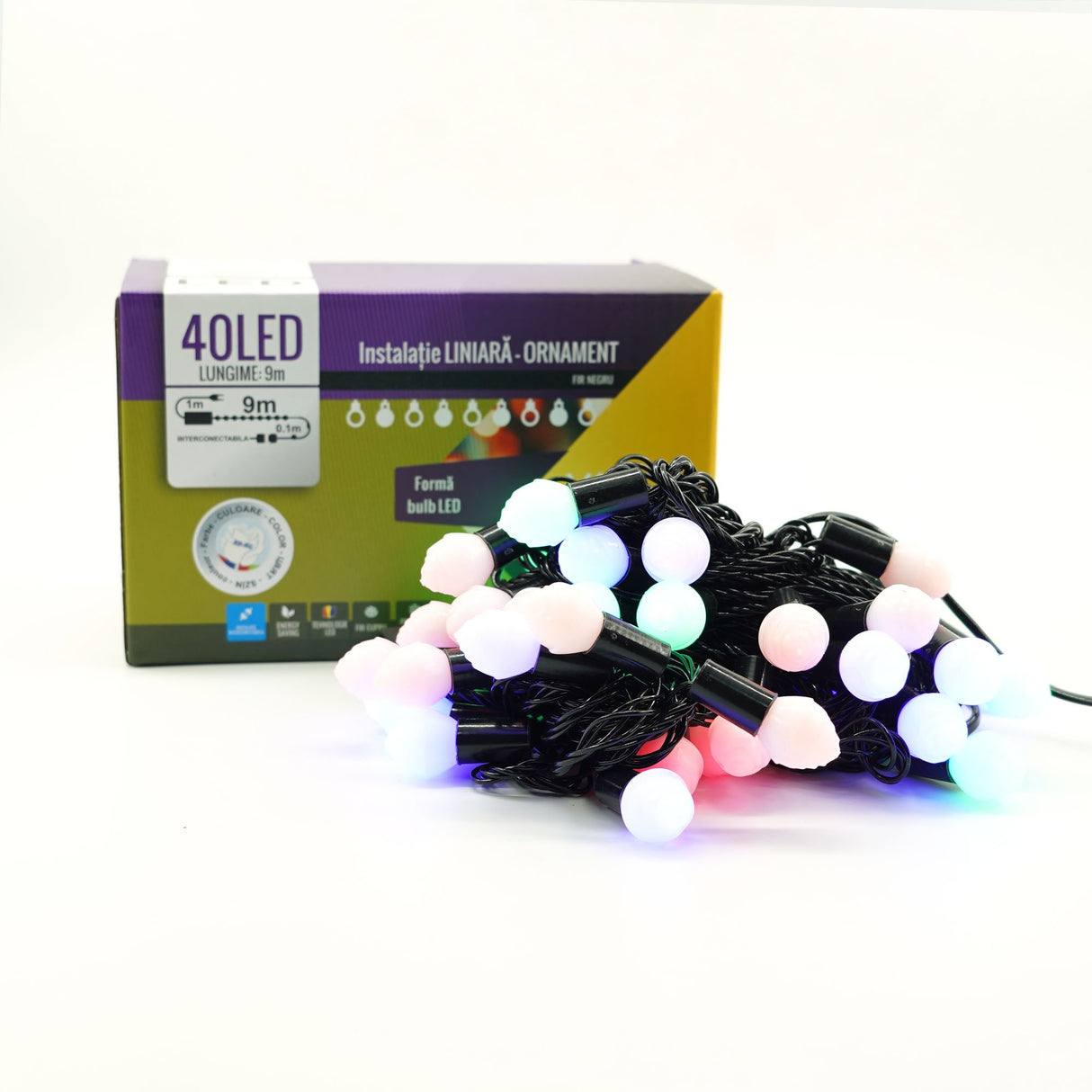 Instalatie De Craciun Liniara Rgrb Yoto, 10 M, Din Care 1 M Prelungitor 220V, 40 Led, Bilute Mate, Interconectabila, Utilizare Interior/Exterior, Fir Negru - vivimall.ro