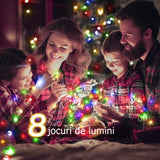 Instalatie de Craciun liniara Yoto, 10 m, din care 1 m cablu priza 220V, 100 LED, 8 jocuri de lumini, beculet in 6 colturi, pentru interior, controler, fir negru, multicolor - vivimall.ro