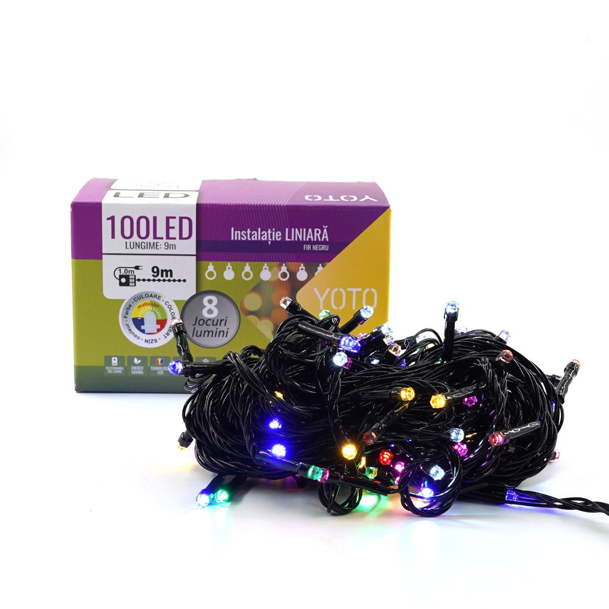 Instalatie De Craciun Liniara Yoto, 10 M, Din Care 1 M Cablu Priza 220V, 100 Led, 8 Jocuri De Lumini, Beculet In 6 Colturi, Pentru Interior, Controler, Fir Negru - vivimall.ro