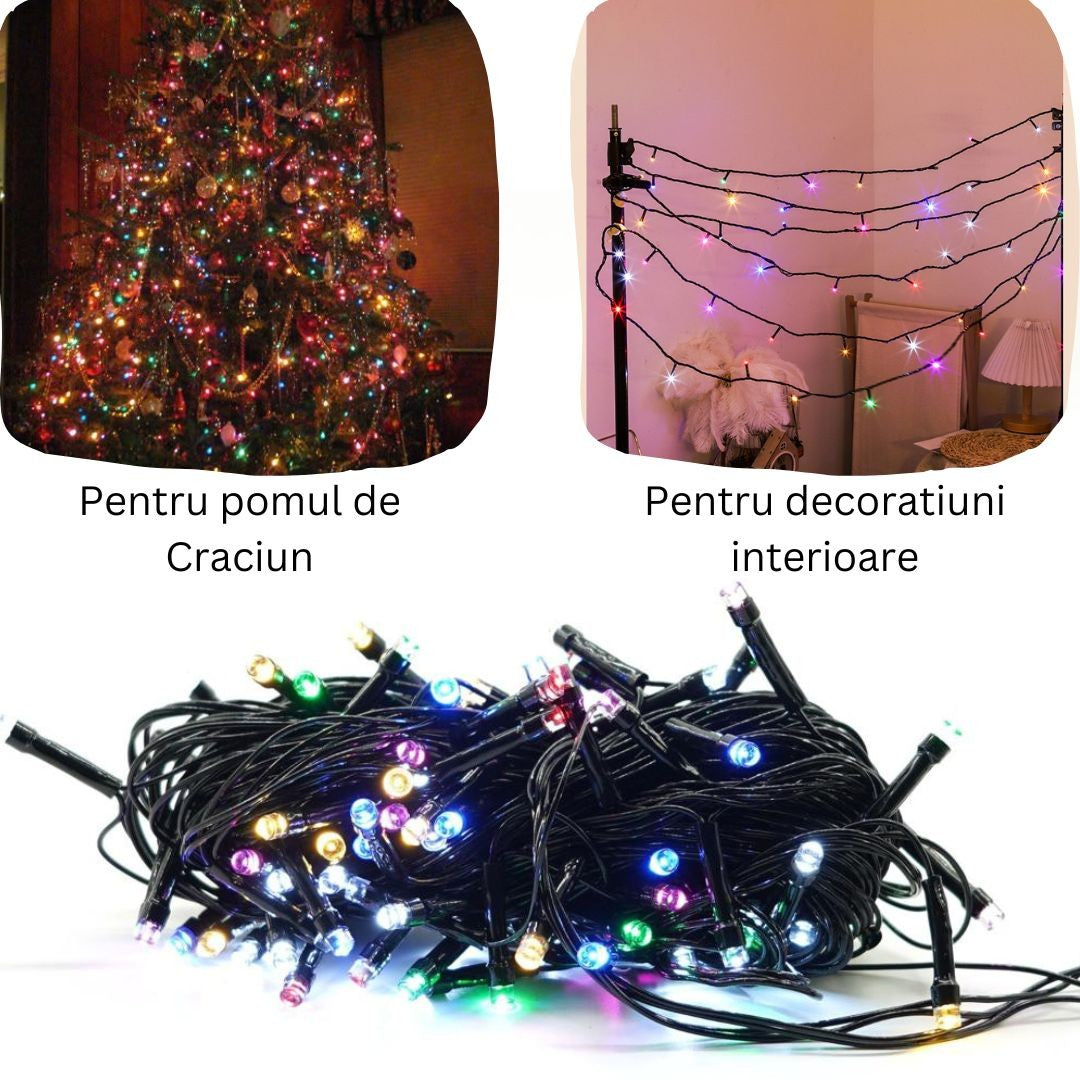 Instalatie De Craciun Liniara Yoto, 10 M, Din Care 1 M Cablu Priza 220V, 100 Led, 8 Jocuri De Lumini, Controler, Fir Negru - vivimall.ro