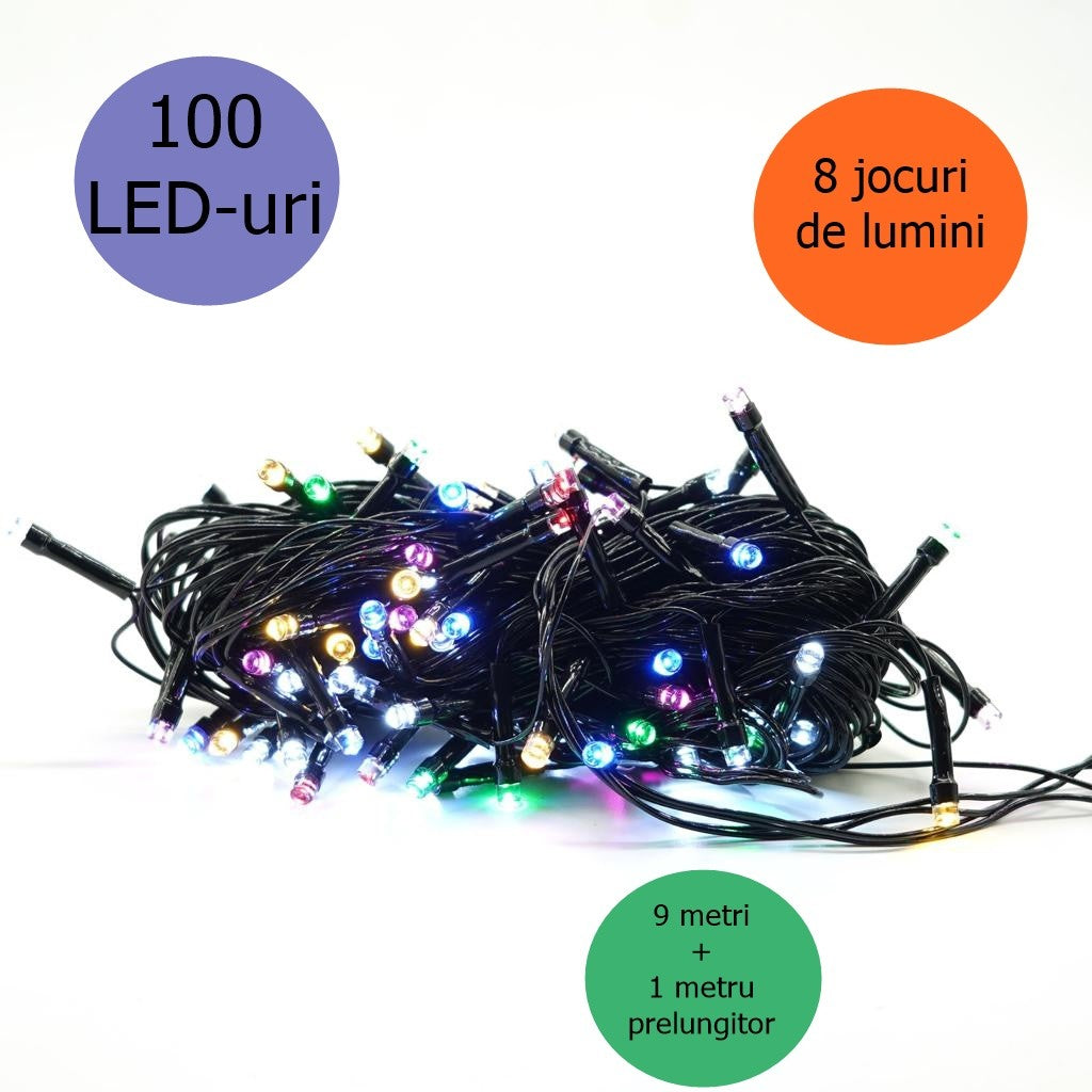 Instalatie De Craciun Liniara Yoto, 10 M, Din Care 1 M Cablu Priza 220V, 100 Led, 8 Jocuri De Lumini, Controler, Fir Negru - vivimall.ro