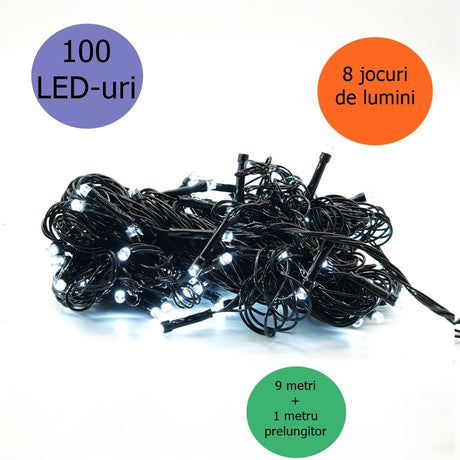 Instalatie de Craciun liniara Yoto, 10 m, din care 1 m cablu priza 220V, 100 LED, 8 jocuri de lumini, controler, fir negru, alb rece - vivimall.ro