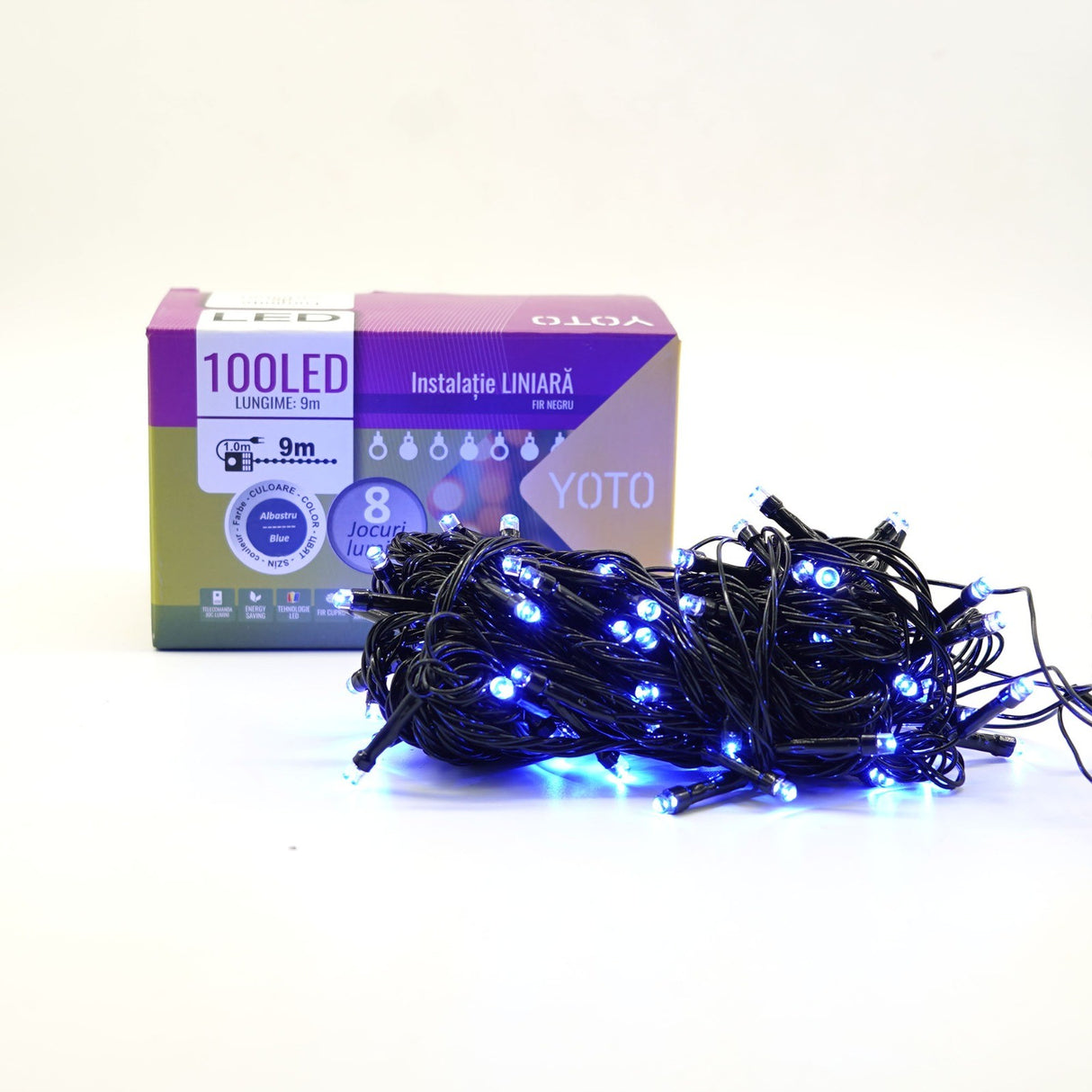 Instalatie De Craciun Liniara Yoto, 10 M, Din Care 1 M Cablu Priza 220V, 100 Led, 8 Jocuri De Lumini, Controler, Fir Negru - vivimall.ro
