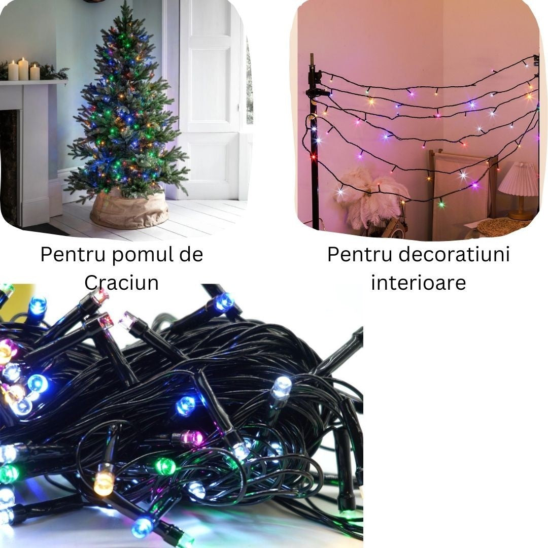 Instalatie De Craciun Liniara Yoto, 10 M, Din Care 1 M Cablu Priza 220V, 100 Led, 8 Jocuri De Lumini, Pentru Interior, Controler, Fir Negru - vivimall.ro