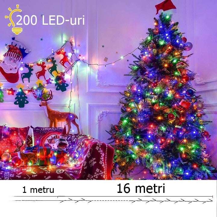 Instalatie De Craciun Liniara Yoto, 17 M, Din Care 1 M Cablu Priza 220V, 200 Led, 8 Jocuri De Lumini, Beculet In 6 Colturi, Pentru Interior, Controler, Fir Negru - vivimall.ro