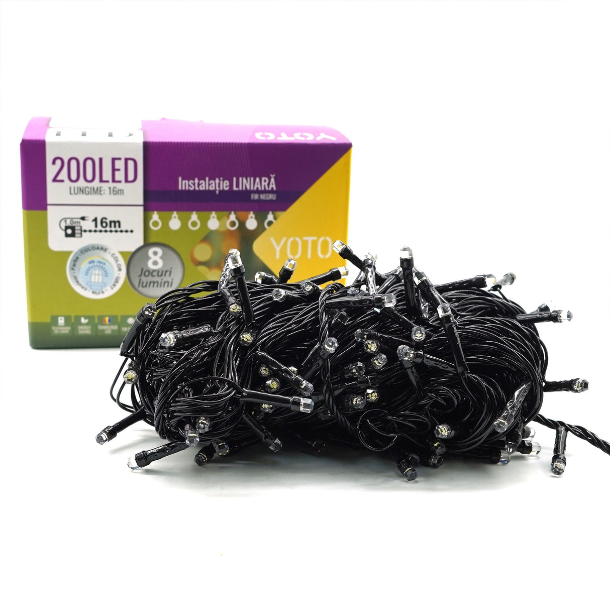 Instalatie de Craciun liniara Yoto, 17 m, din care 1 m cablu priza 220V, 200 LED, 8 jocuri de lumini, beculet in 6 colturi, pentru interior, controler, fir negru, alb rece - vivimall.ro