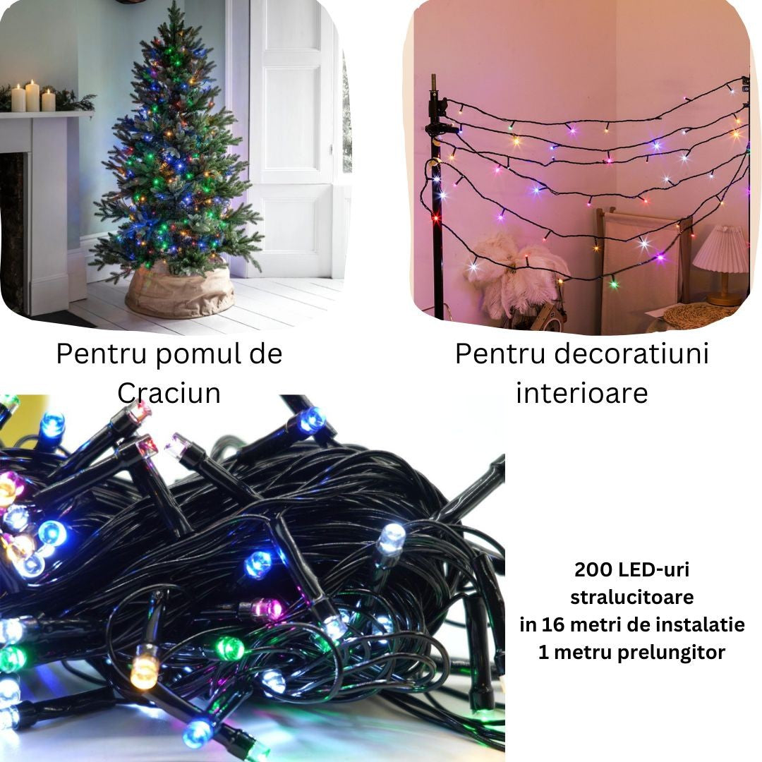 Instalatie De Craciun Liniara Yoto, 17 M, Din Care 1 M Cablu Priza 220V, 200 Led, 8 Jocuri De Lumini, Controler, Fir Negru - vivimall.ro