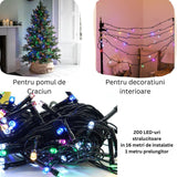 Instalatie De Craciun Liniara Yoto, 17 M, Din Care 1 M Cablu Priza 220V, 200 Led, 8 Jocuri De Lumini, Controler, Fir Negru - vivimall.ro