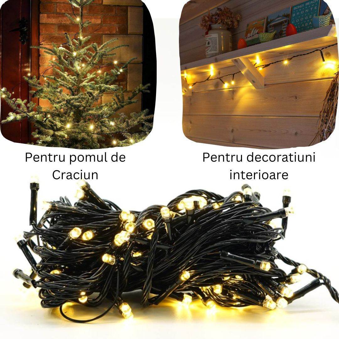 Instalatie De Craciun Liniara Yoto, 17 M, Din Care 1 M Cablu Priza 220V, 200 Led, 8 Jocuri De Lumini, Controler, Fir, Alb Cald - vivimall.ro