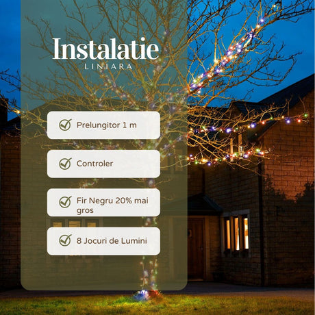 Instalatie De Craciun Liniara Yoto, 22 M, Din Care 1 M Prelungitor 220V, 300 Led, 8 Jocuri De Lumini, Controler, Utilizare Interior/Exterior, Fir Negru - vivimall.ro