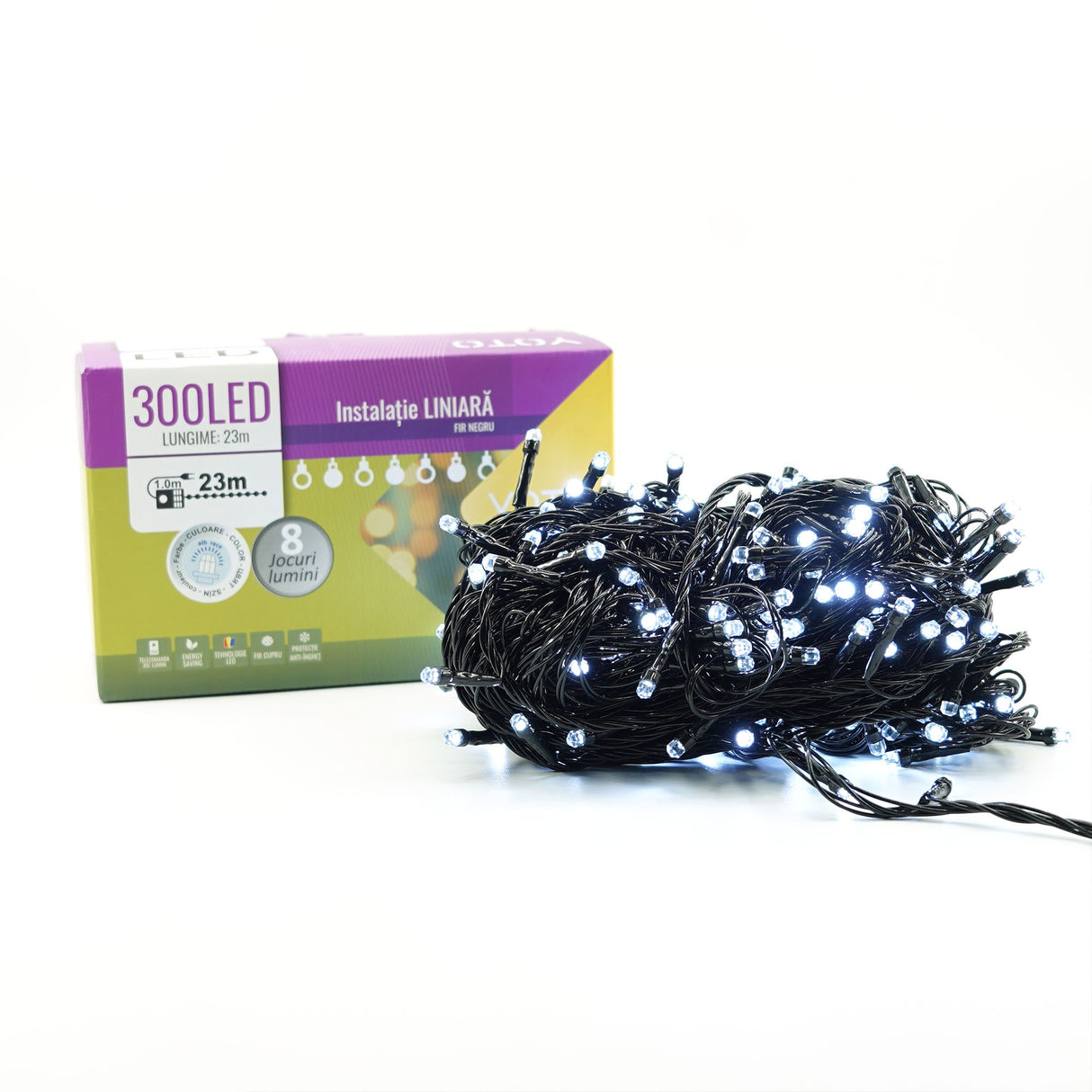 Instalatie De Craciun Liniara Yoto, 24 M, Din Care 1 M Cablu Priza 220V, 300 Led, 8 Jocuri De Lumini, Beculet In 6 Colturi, Pentru Interior, Controler, Fir, Alb Rece - vivimall.ro