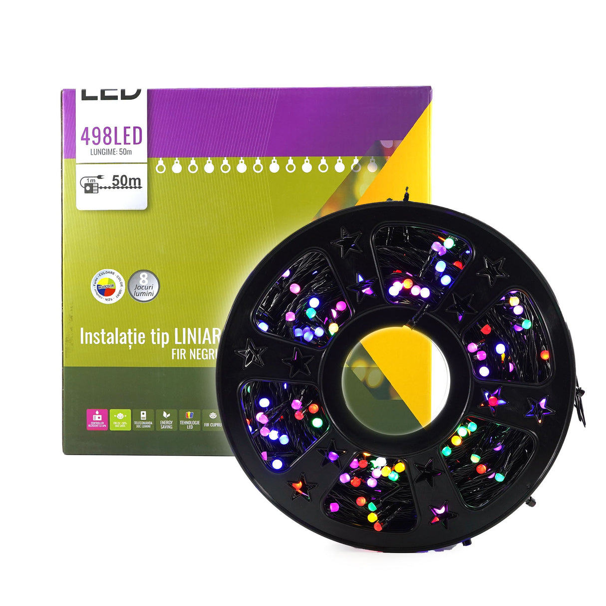 Instalatie De Craciun Liniara Yoto, 50 M, 1 M Prelungitor 220V, 498 Led, 8 Jocuri De Lumini, Controler, Fir Negru, Utilizare Interior/Exterior, Protectie Anti-Inghet, Fir Cupru - vivimall.ro