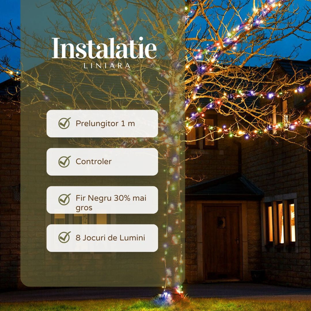 Instalatie De Craciun Liniara Yoto, 50 M, 1 M Prelungitor 220V, 498 Led, 8 Jocuri De Lumini, Controler, Fir Negru, Utilizare Interior/Exterior, Protectie Anti-Inghet, Fir Cupru - vivimall.ro