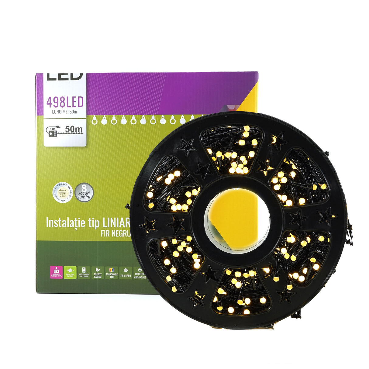 Instalatie De Craciun Liniara Yoto, 50 M, 1 M Prelungitor 220V, 498 Led, 8 Jocuri De Lumini, Controler, Fir, Utilizare Interior/Exterior, Protectie Anti-Inghet, Fir Cupru, Alb Cald - vivimall.ro